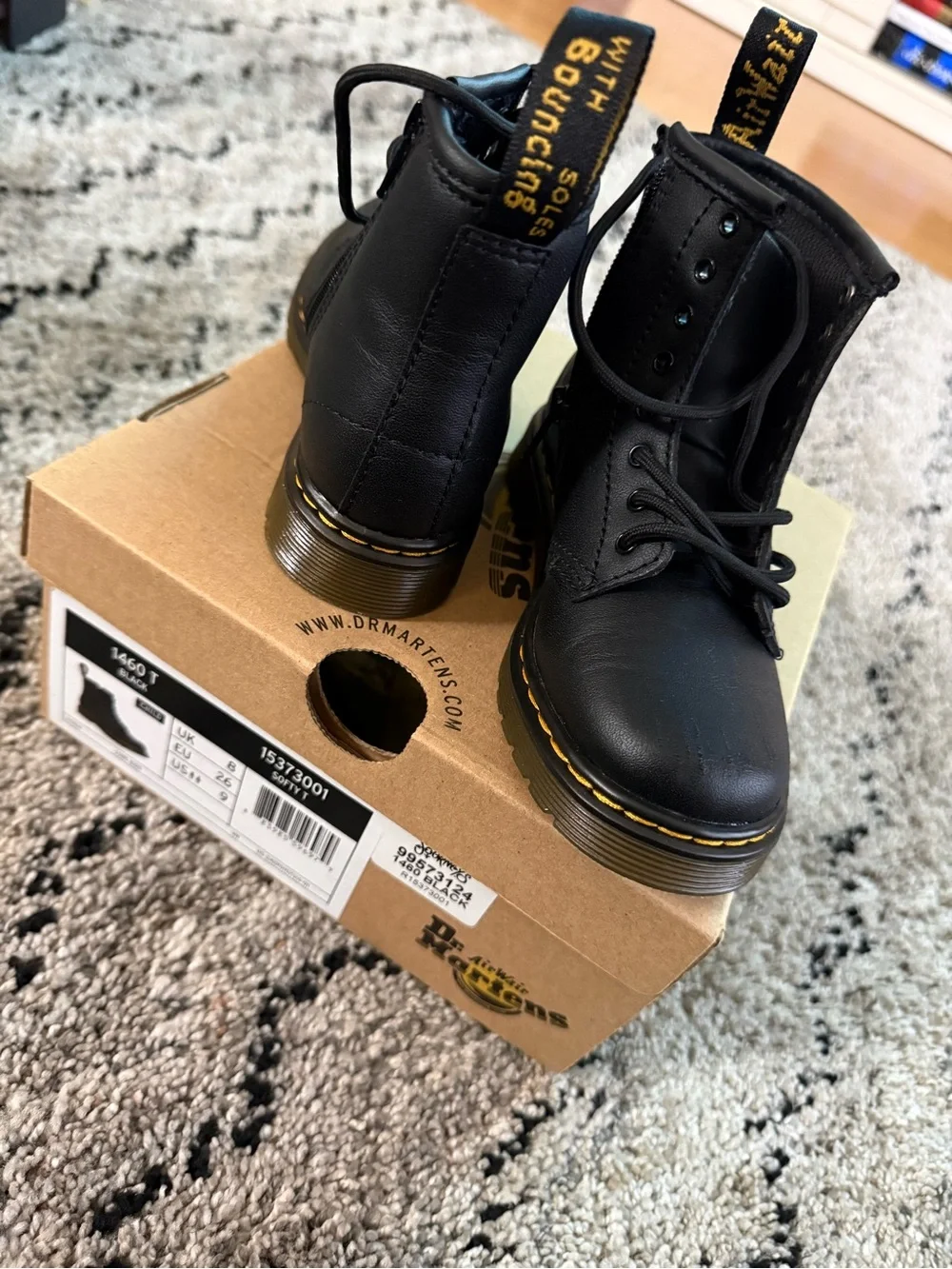 Dr. Martens Kids Black Leather Lace-Up Ankle Boots with Yellow Stitching